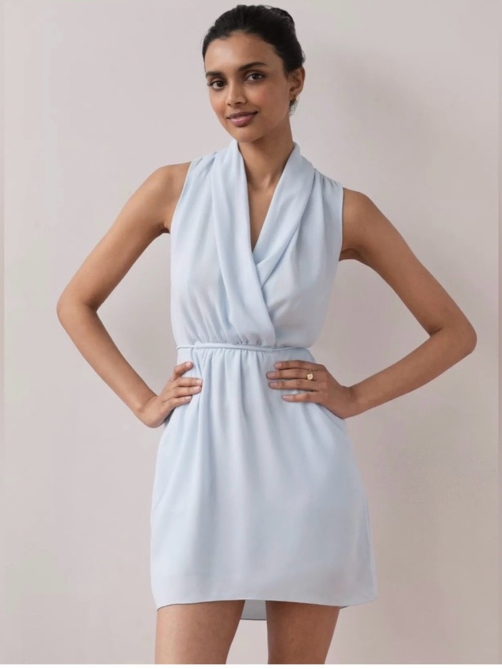 NWOT Wilfred Sabine Sleeveless Light Blue Draped V-Neck Mini Dress